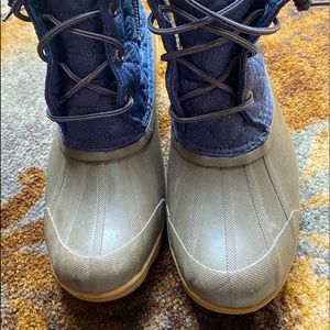 Duck Boots, Sperry, olive and blue, size 7.5